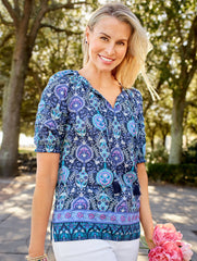 PLEATED SLEEVE TOP - FLORET MEDALLION | Talbots online