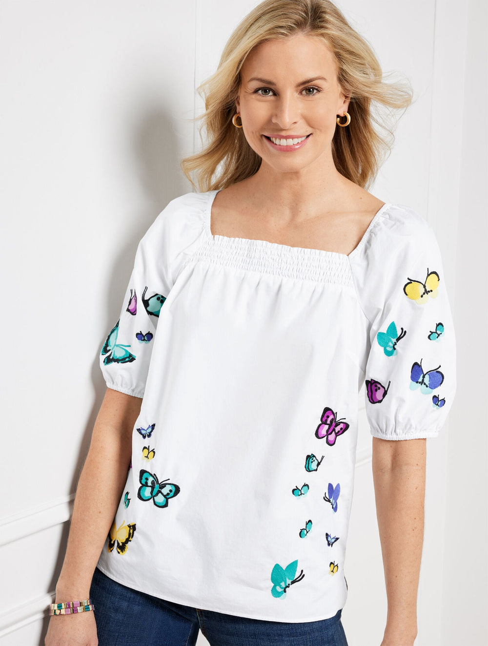 EMBROIDERED POPLIN TOP - SCATTERED BUTTERFLY | Talbots for sale