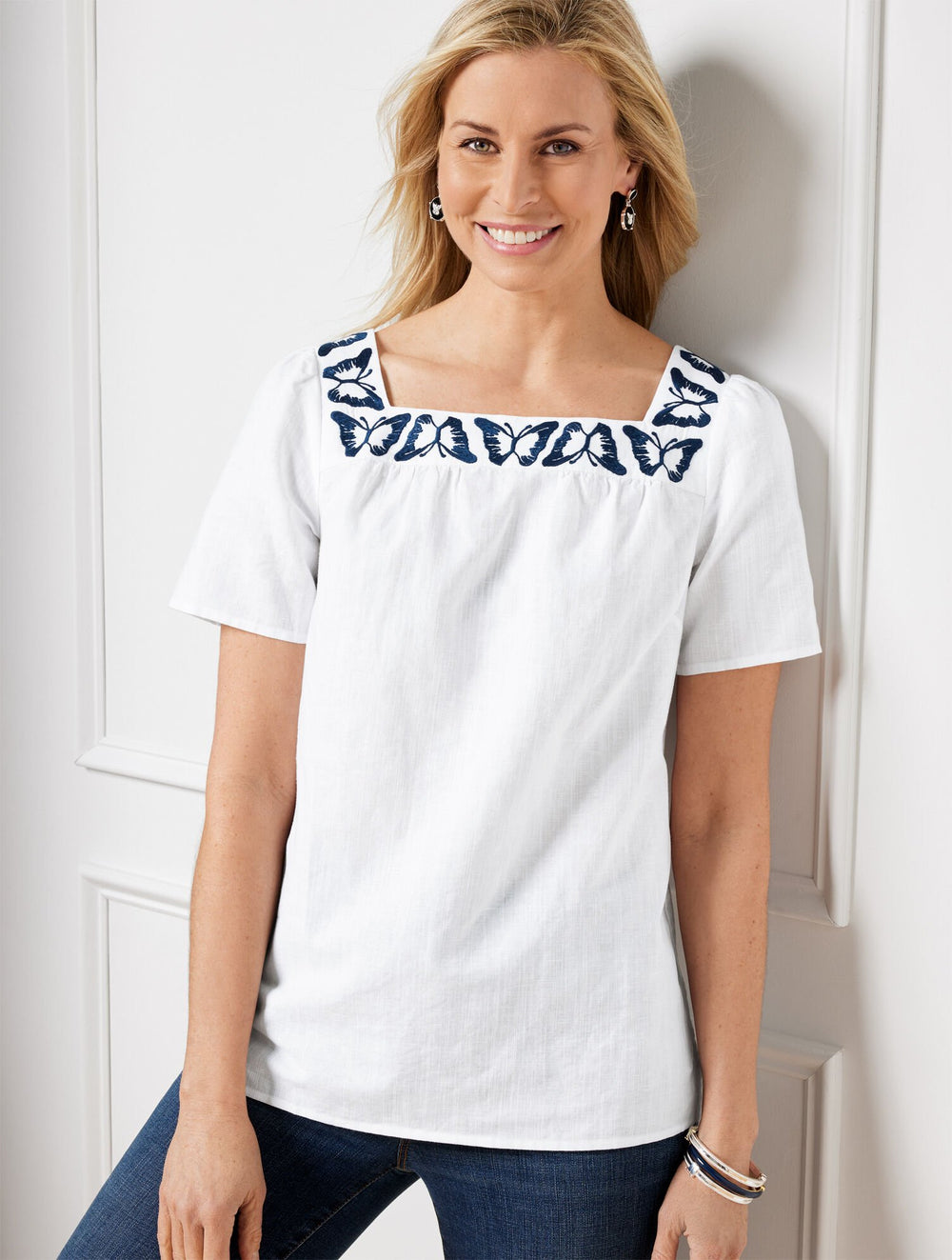 BUTTERFLY EMBROIDERED LINEN COTTON SQUARE NECK TOP | Talbots on sale