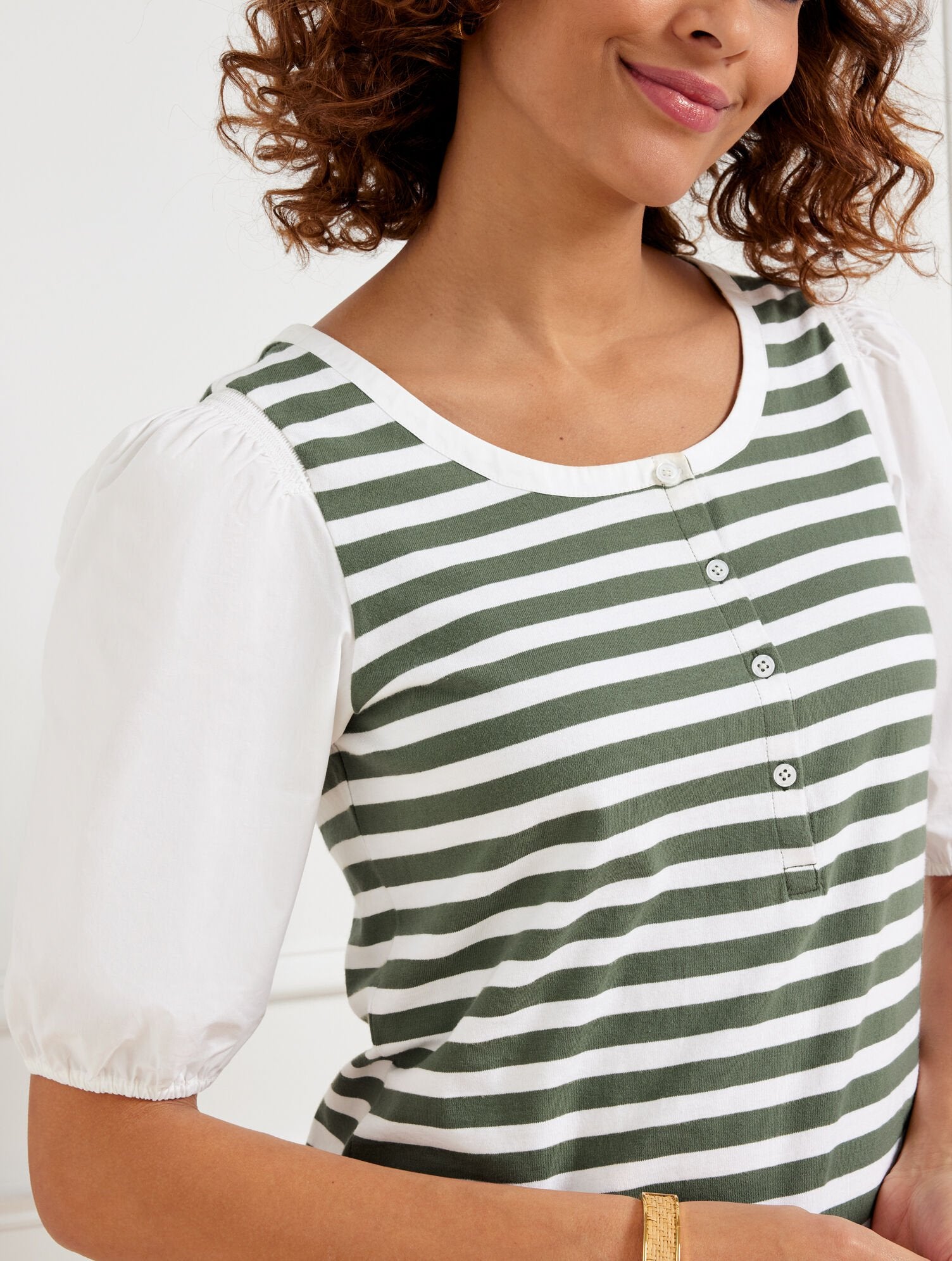 WOVEN SLEEVE HENLEY TEE - BALI STRIPE | Talbots discount