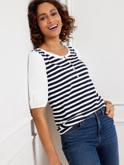 WOVEN SLEEVE HENLEY TEE - BALI STRIPE | Talbots discount
