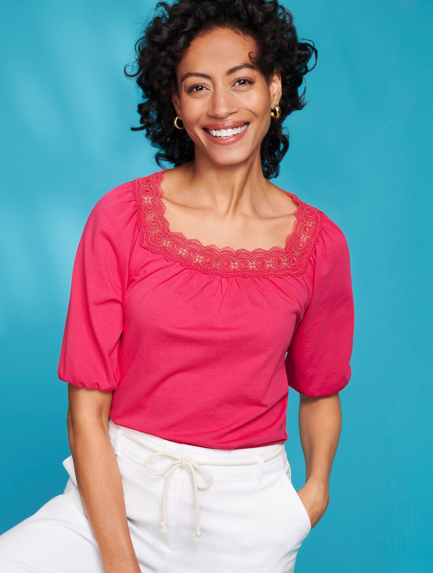 LACE TRIM SQUARE NECK TOP | Talbots outlet