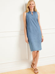 RUFFLE NECK DENIM SHIFT DRESS | Talbots on sale