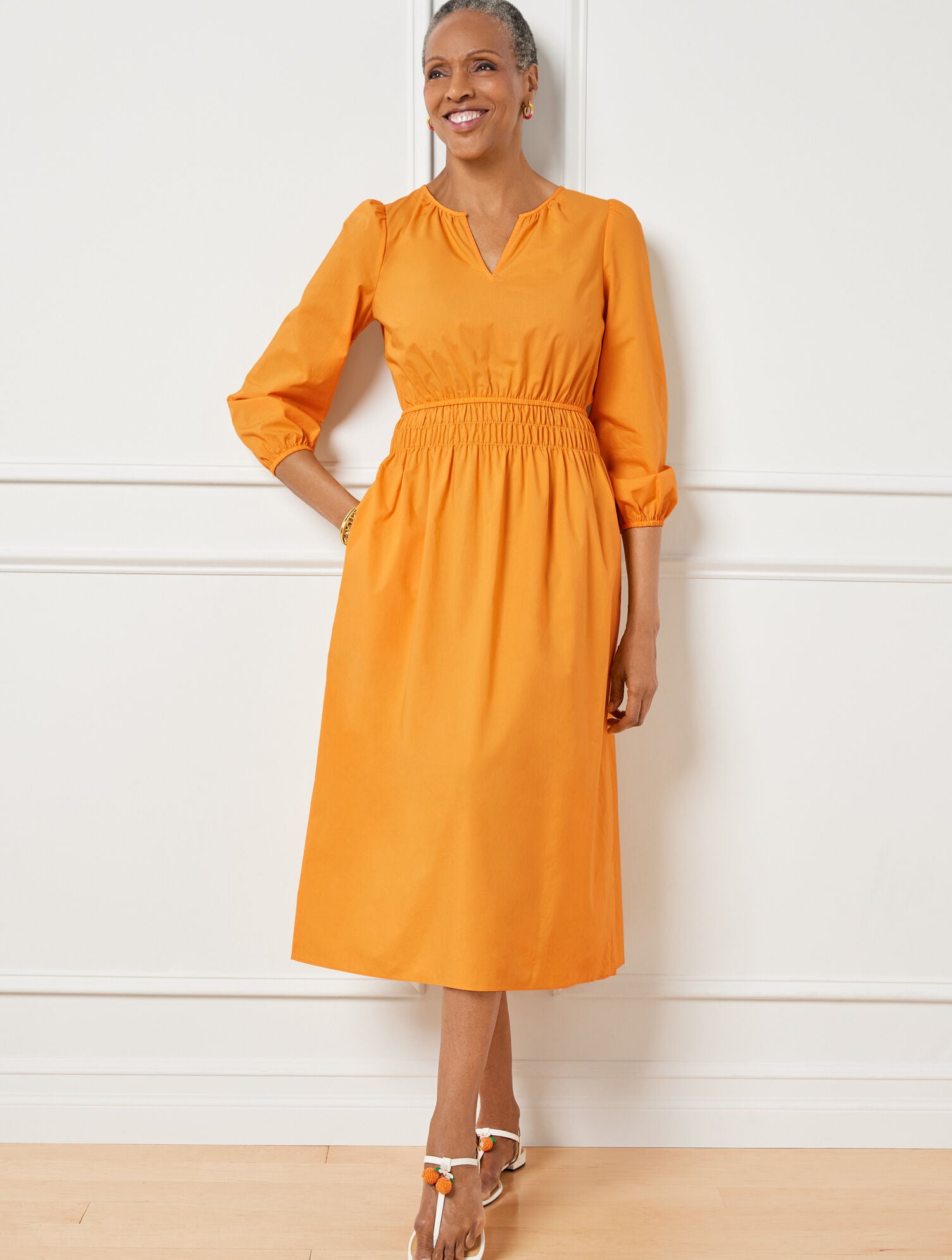 SMOCKED POPLIN MIDI DRESS | Talbots for sale