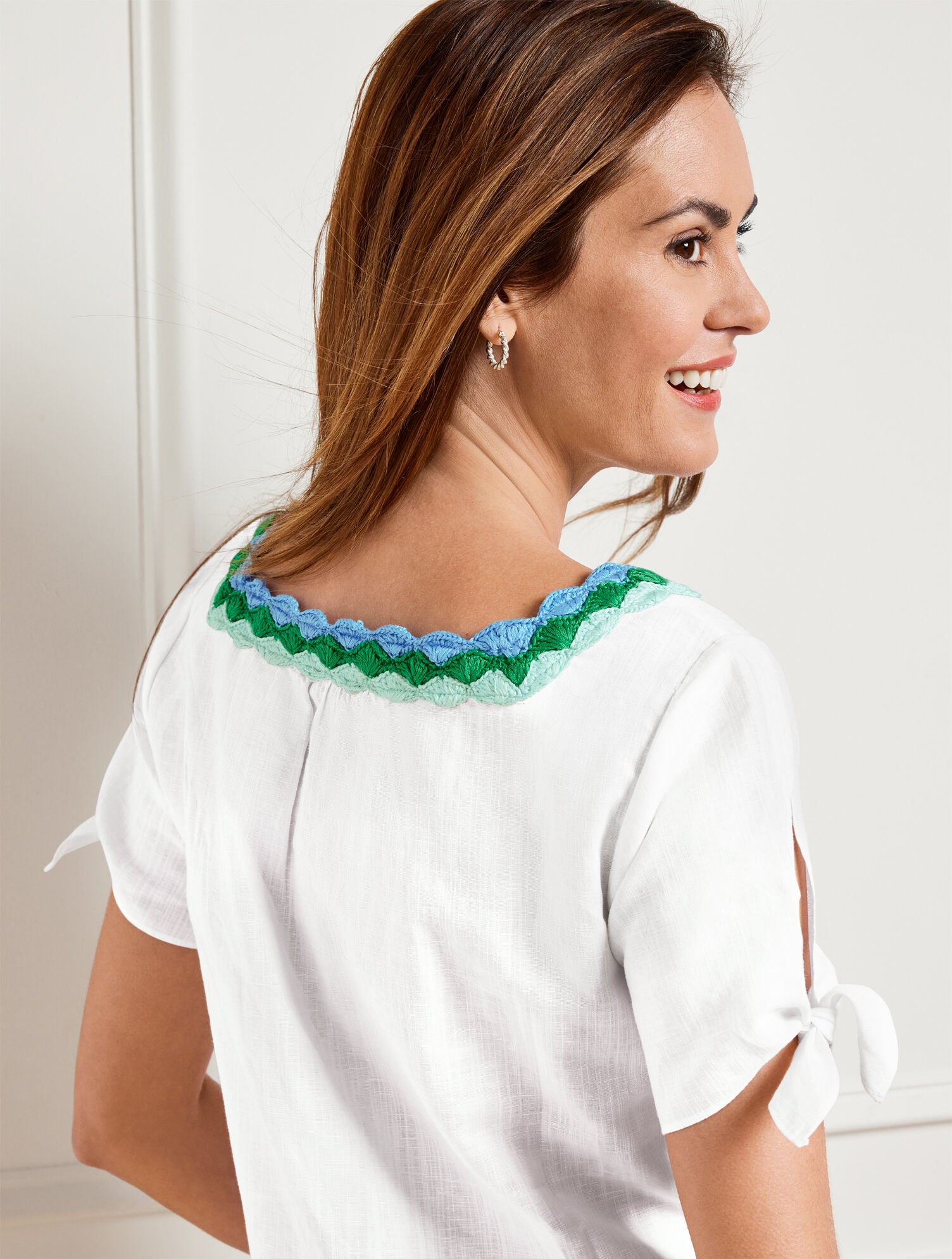 CROCHET TRIM LINEN TOP | Talbots sale