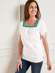 CROCHET TRIM LINEN TOP | Talbots sale