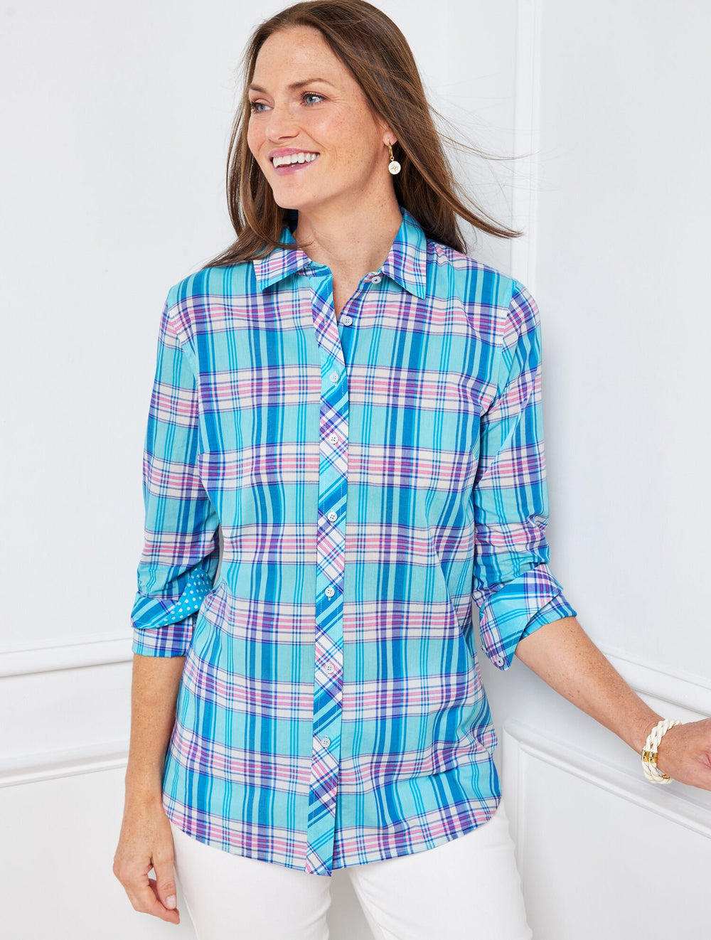 COTTON BUTTON FRONT SHIRT - BOOTHBAY PLAID | Talbots sale