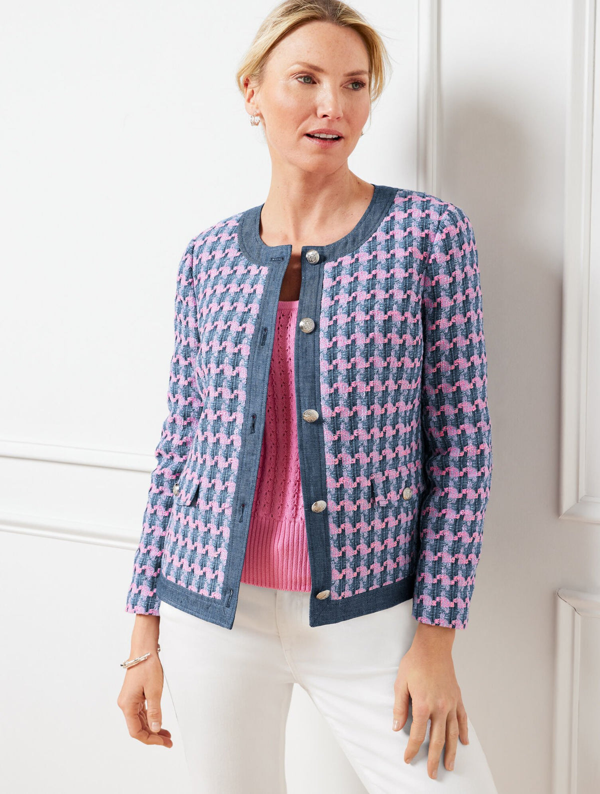 DENIM TRIM BASKET TWEED JACKET | Talbots outlet