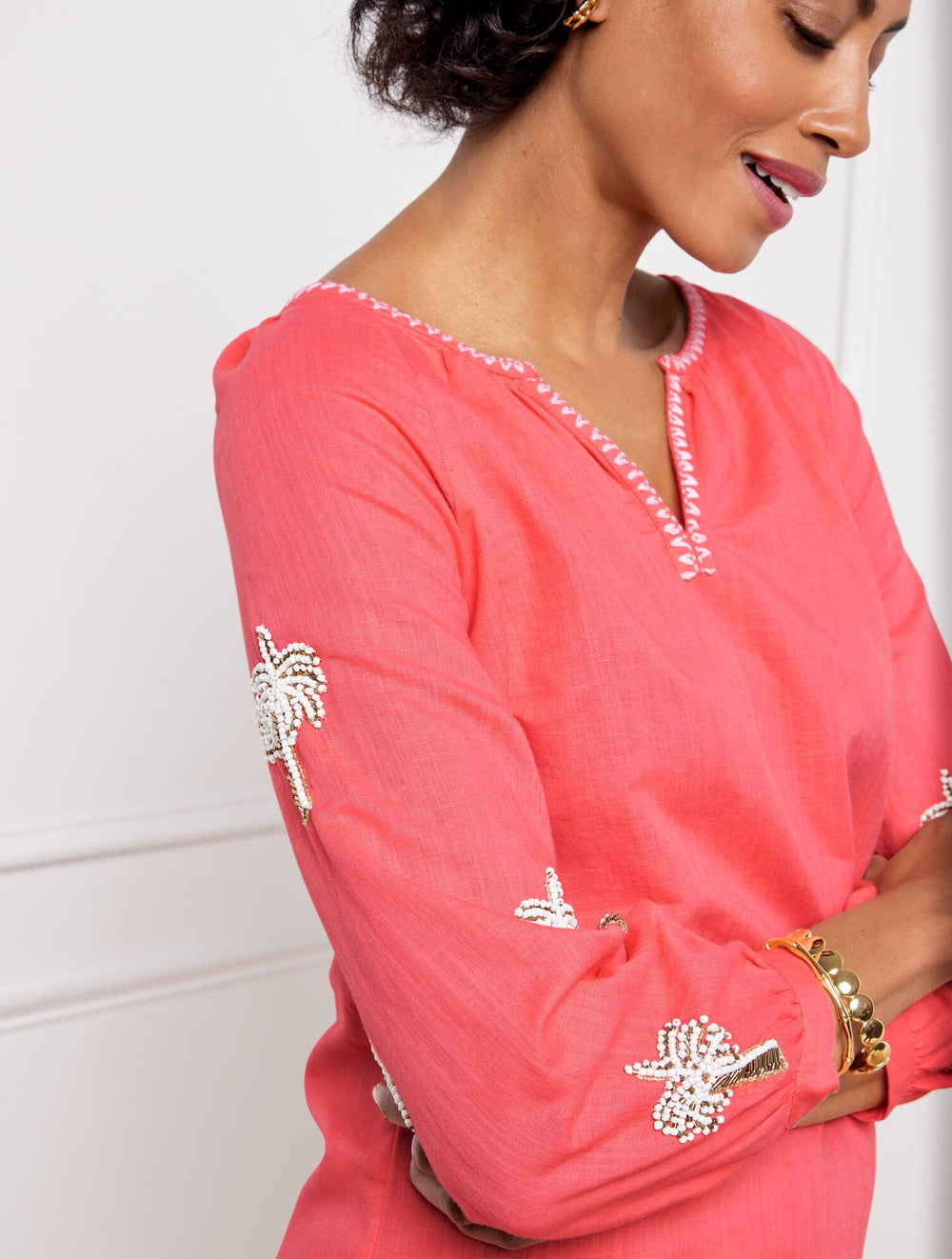 LINEN COTTON SHIFT DRESS - EMBROIDERED PALM | Talbots outlet