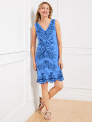 LINEN COTTON SHIFT DRESS - INTRICATE SCROLL | Talbots outlet