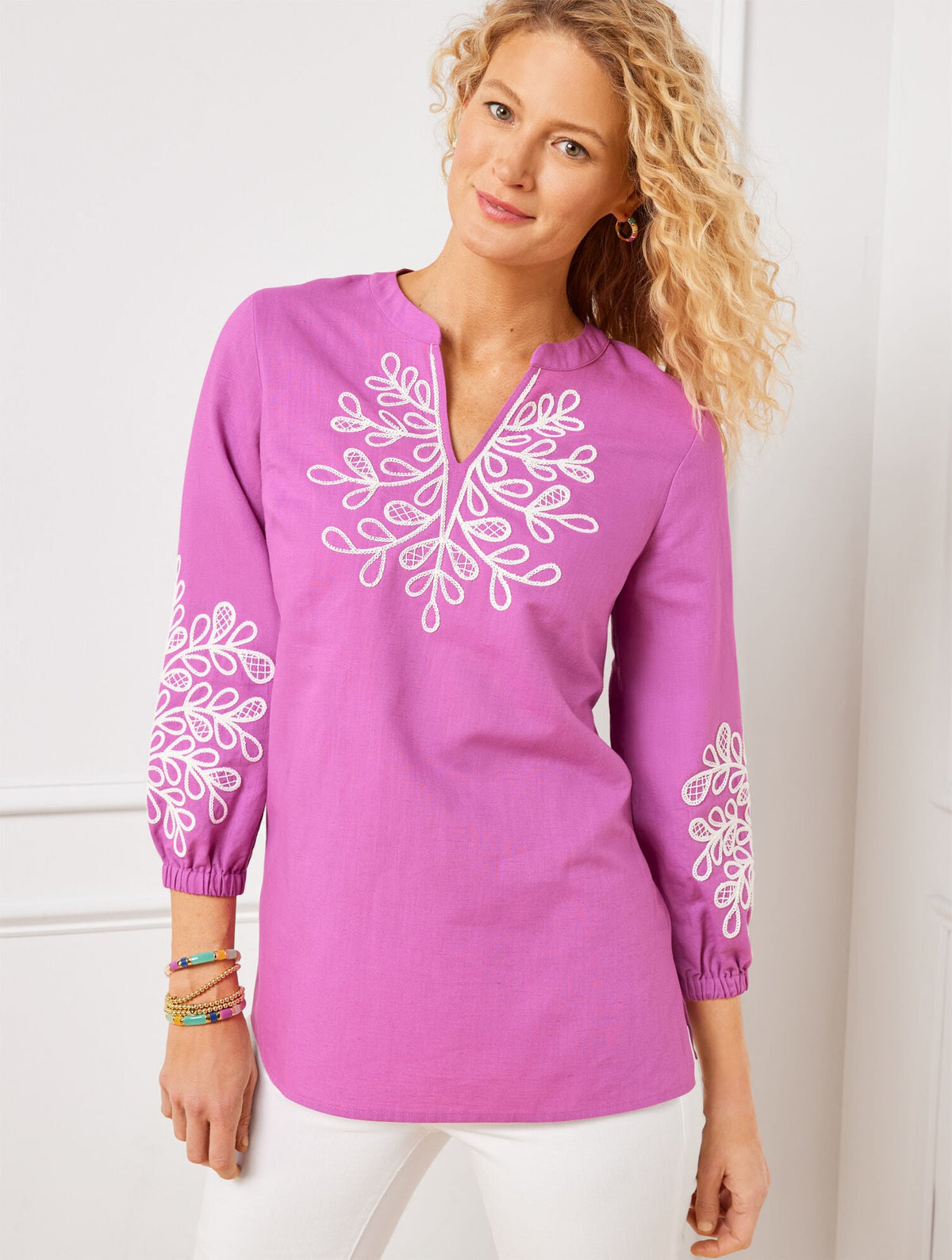 EMBROIDERED LINEN COTTON TUNIC | Talbots sale