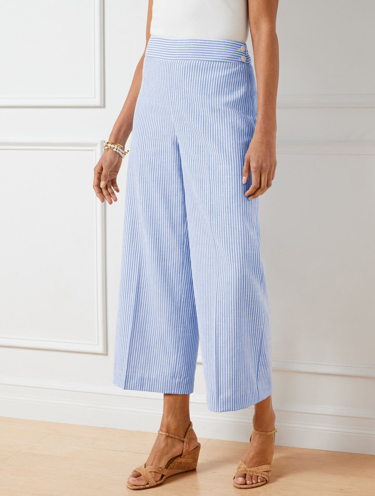 LINEN BLEND WIDE LEG CROP PANTS - SUNSET STRIPE | Talbots on sale