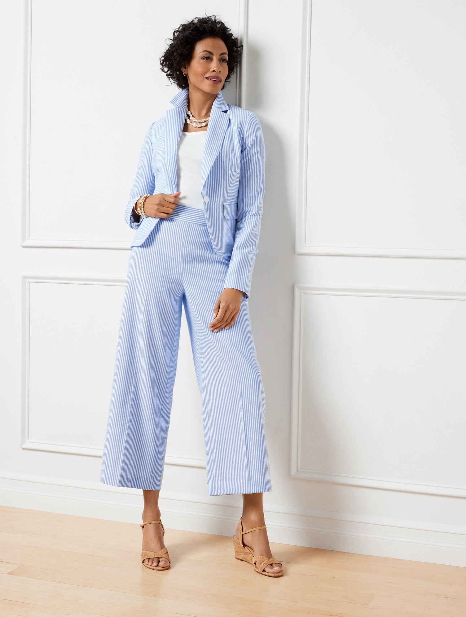 LINEN BLEND WIDE LEG CROP PANTS - SUNSET STRIPE | Talbots on sale