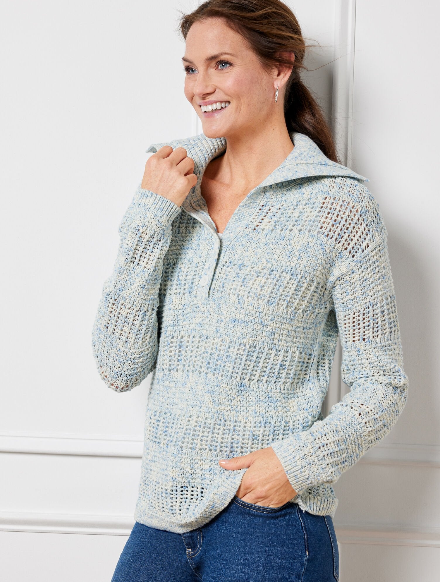OPEN STITCH SAILOR COLLAR SWEATER - SPRAY TAPE | Talbots for sale
