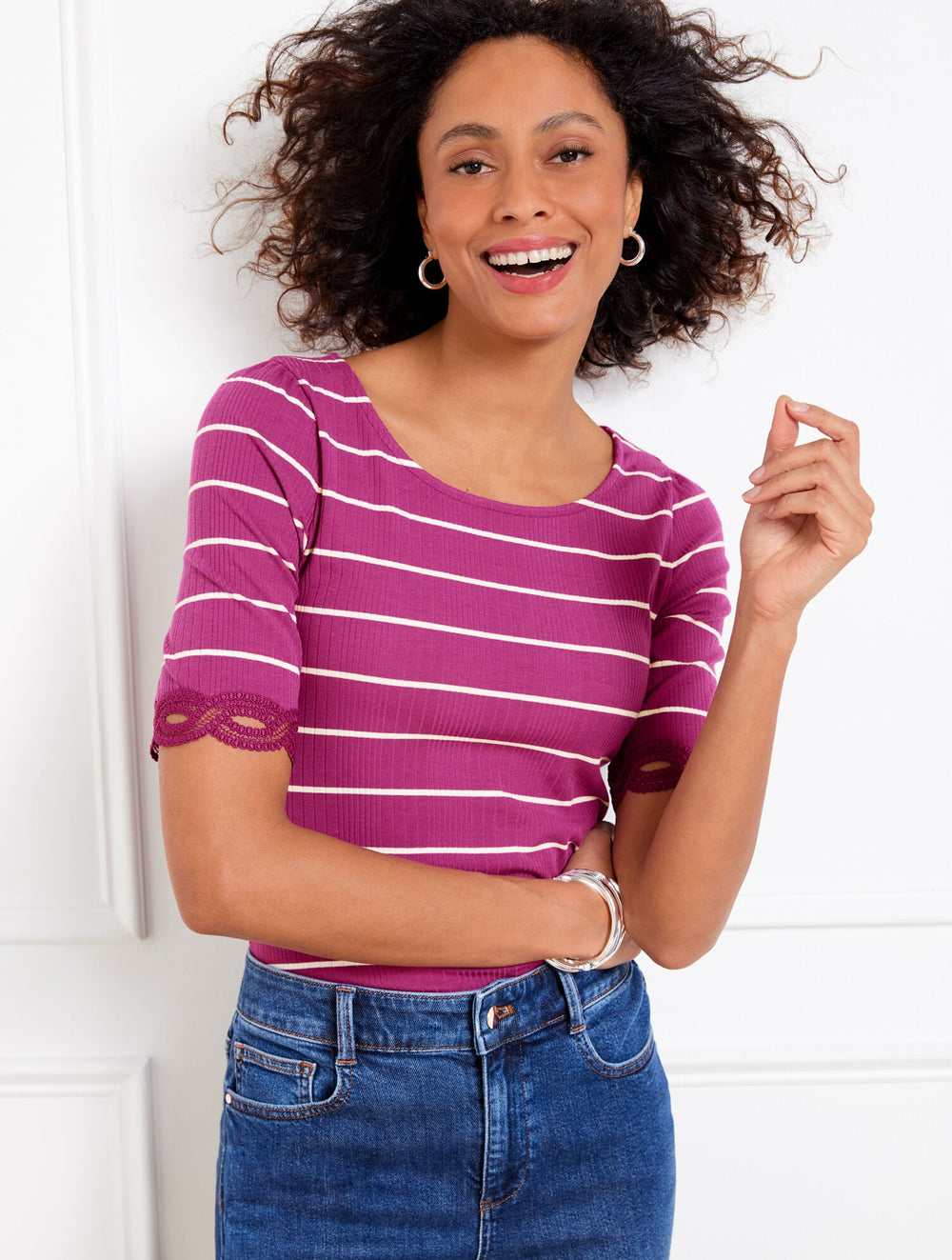 LACE TRIM BALLET NECK TEE - STRIPE | Talbots sale