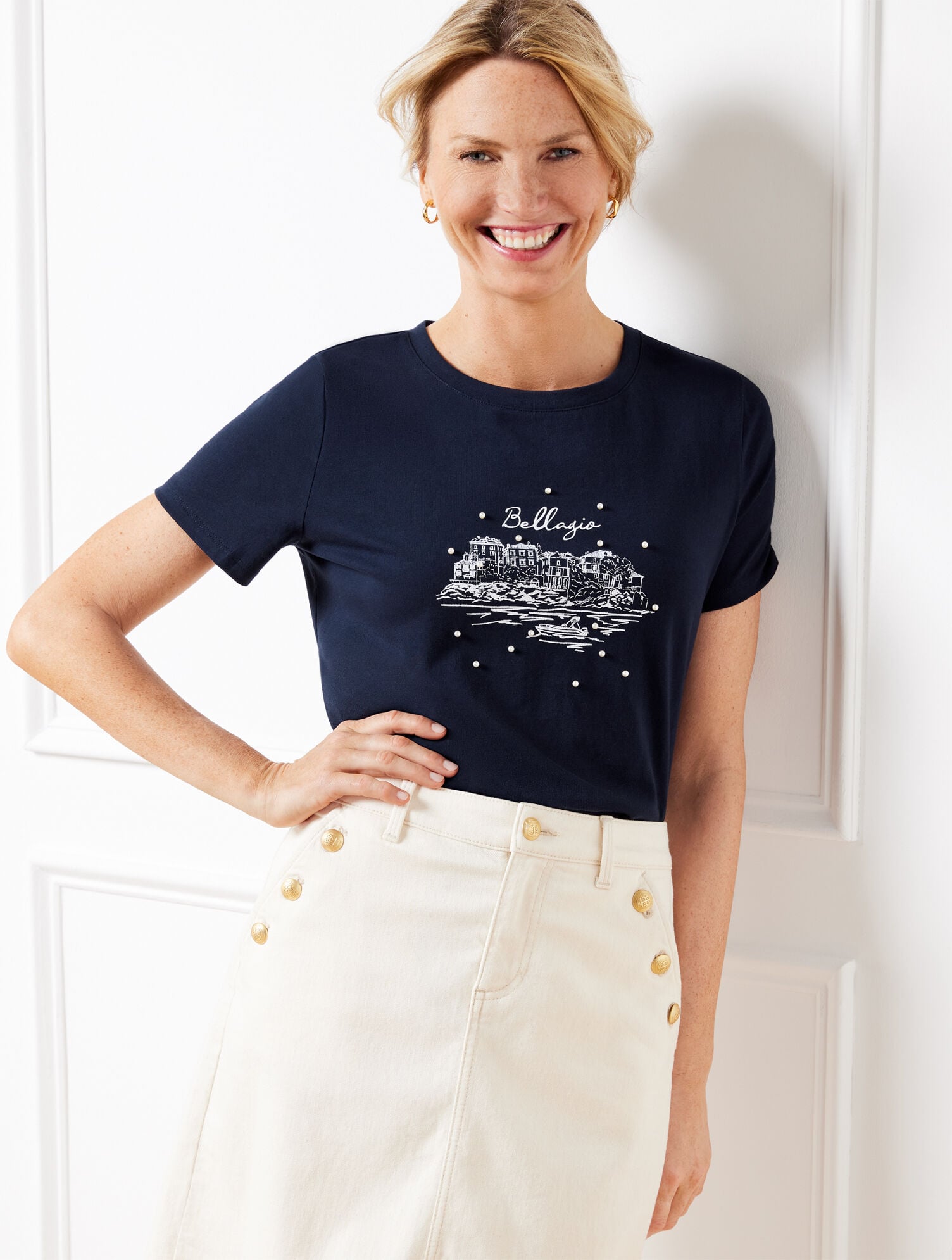 PEARL EMBELLISHED CREWNECK TEE | Talbots on sale