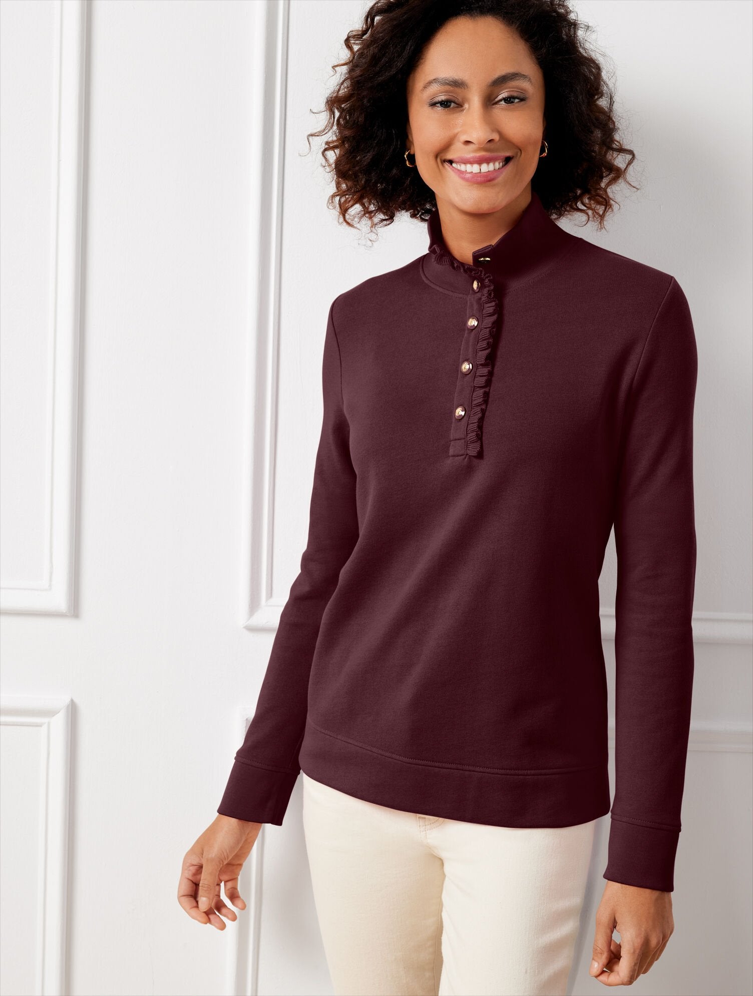 RUFFLE PLACKET MOCKNECK PULLOVER | Talbots discount