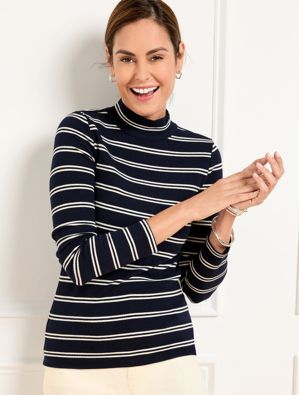 RIBBED MOCKNECK TEE - EMILIA STRIPE | Talbots near me