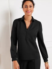 PASSPORT PONTE JOHNNY COLLAR PULLOVER | Talbots on sale