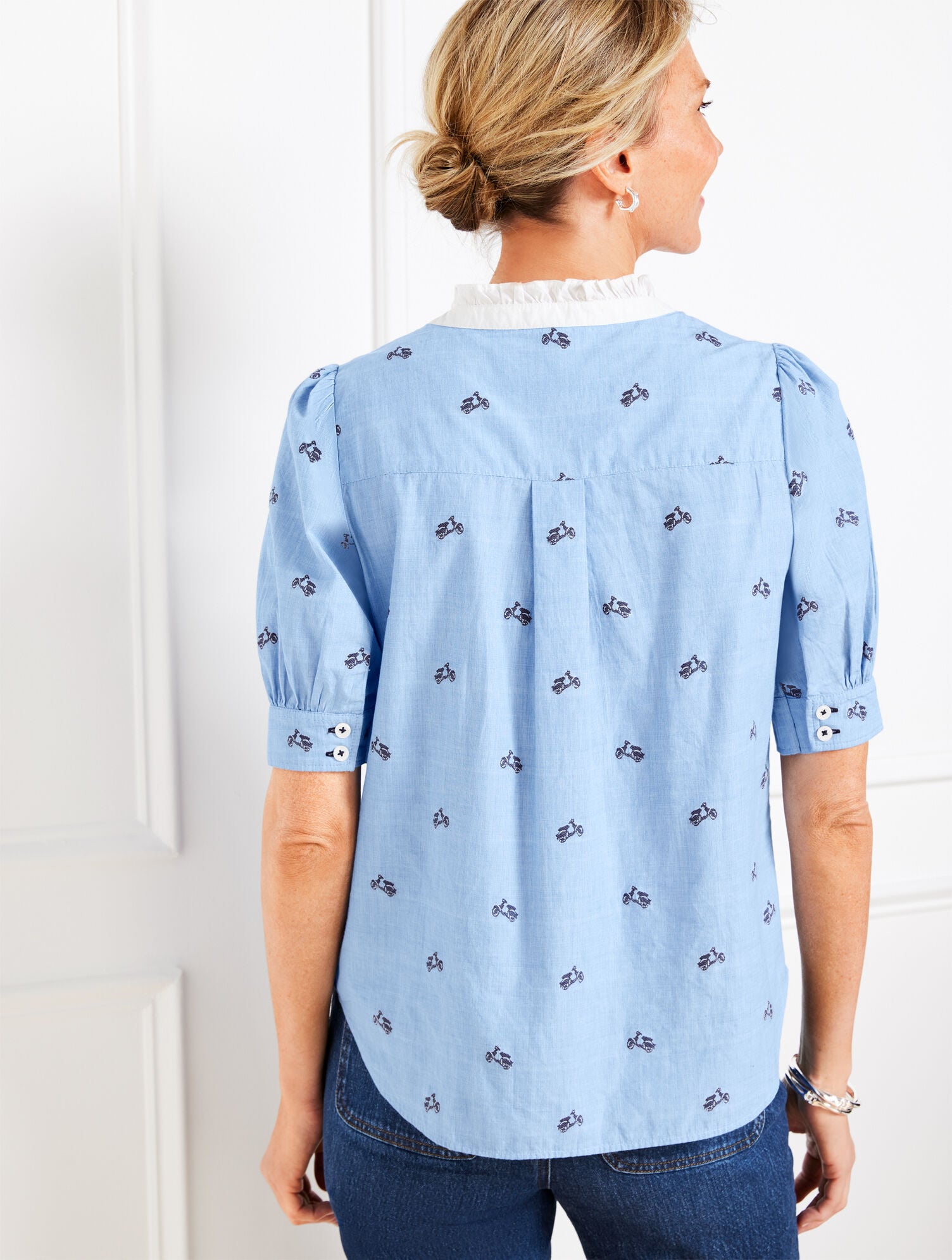 RUFFLE NECK TOP - EMBROIDERED VESPA | Talbots online
