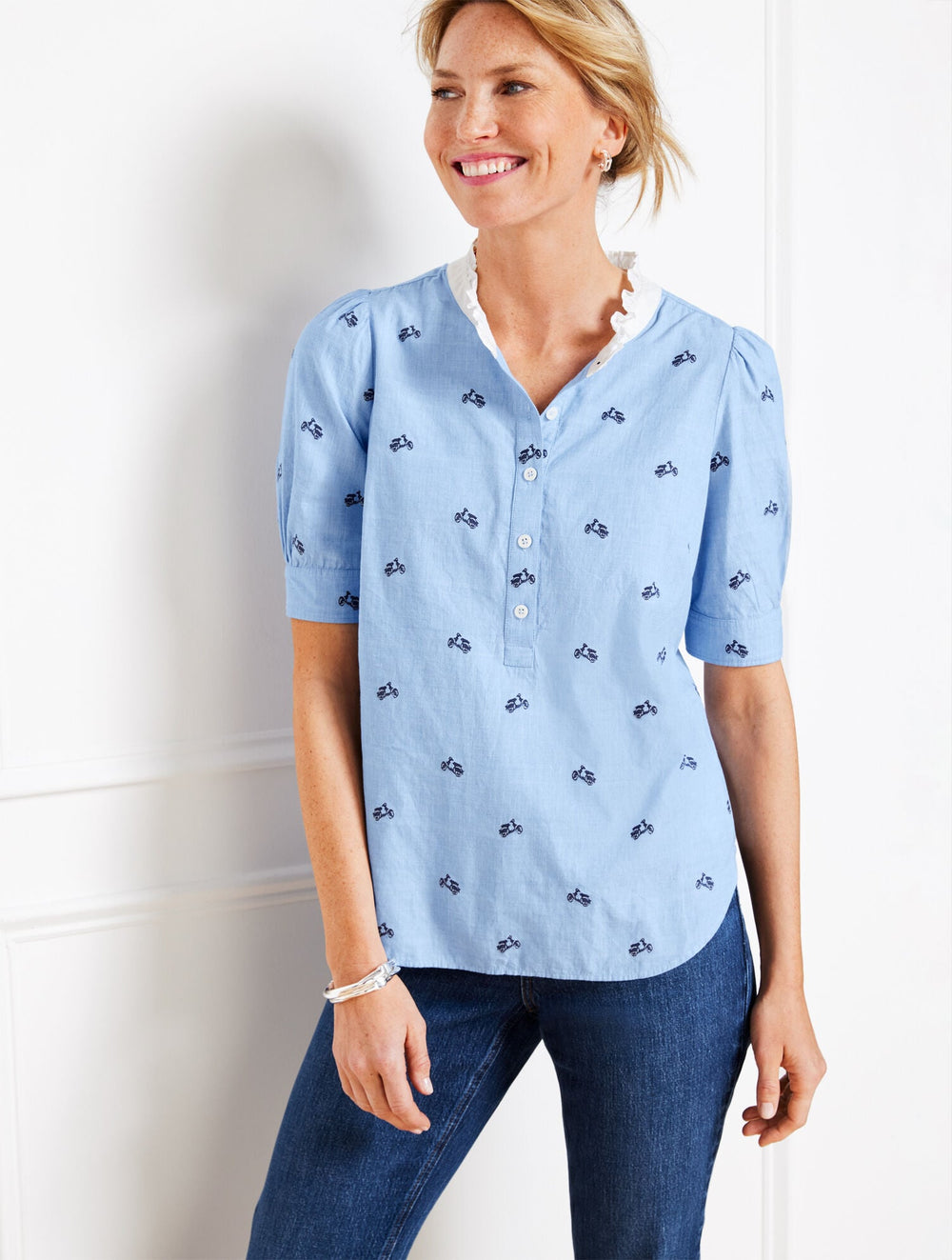 RUFFLE NECK TOP - EMBROIDERED VESPA | Talbots online
