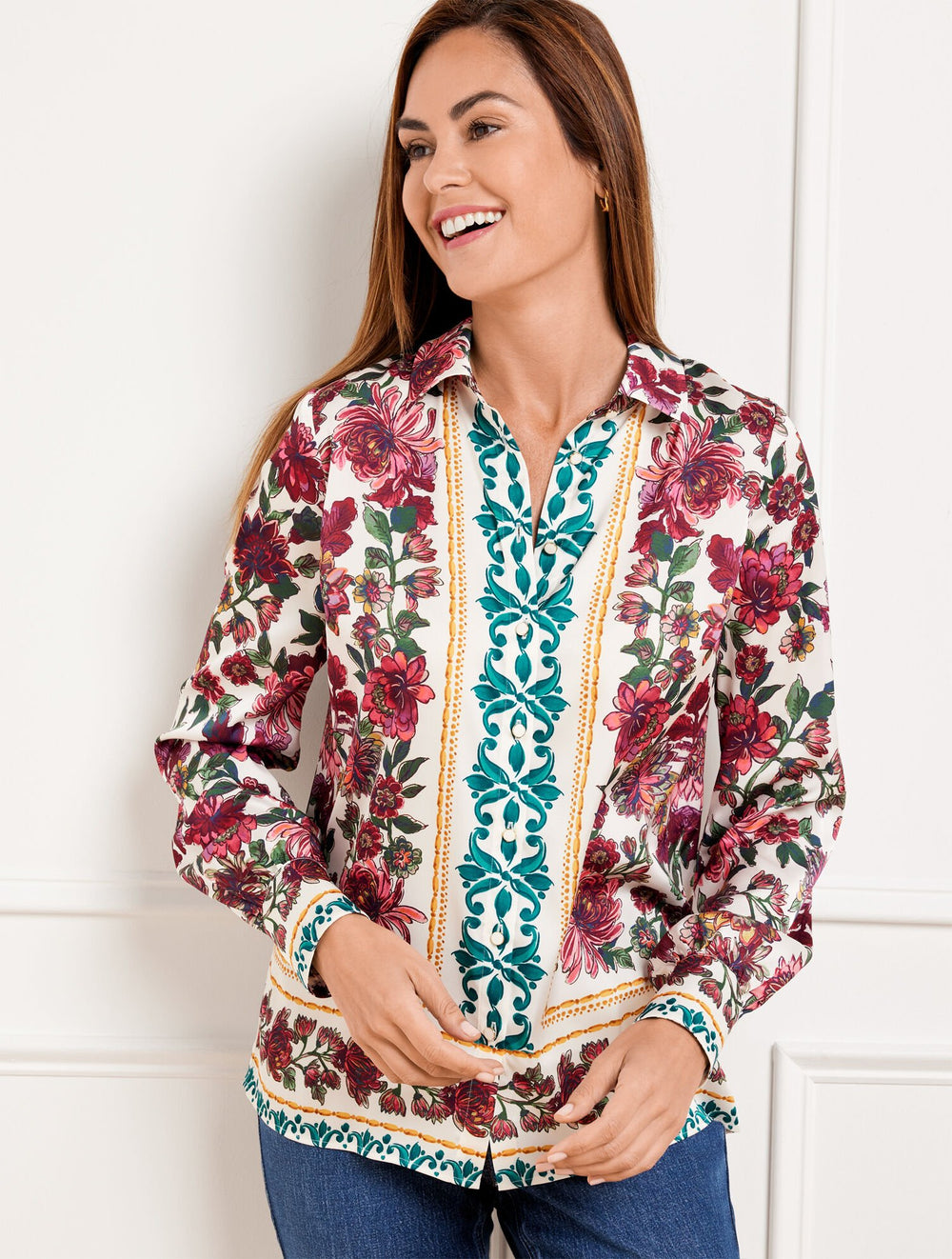 SOFT SATIN CHARMEUSE BUTTON FRONT SHIRT - STUNNING FLORAL | Talbots for sale