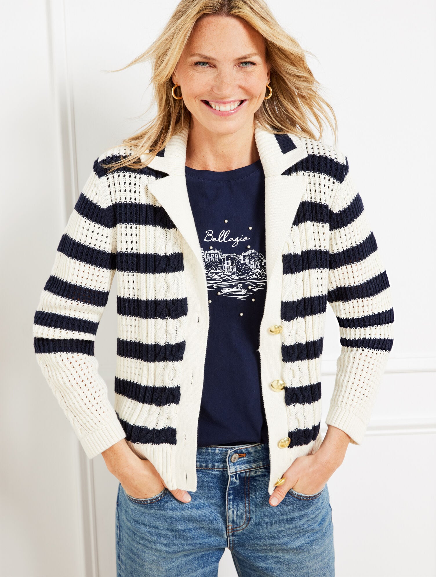 CABLE KNIT SWEATER JACKET - STRIPE | Talbots online