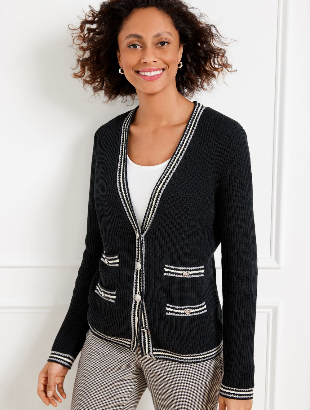 TEXTURE V-NECK CARDIGAN - TIPPED STRIPE | Talbots outlet