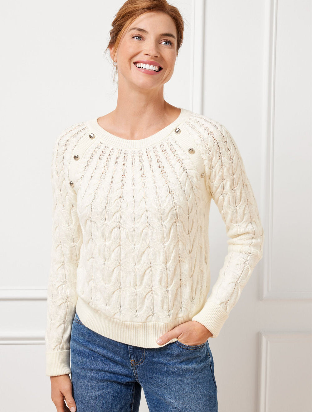 BUTTON RAGLAN CABLE KNIT SWEATER | Talbots discount