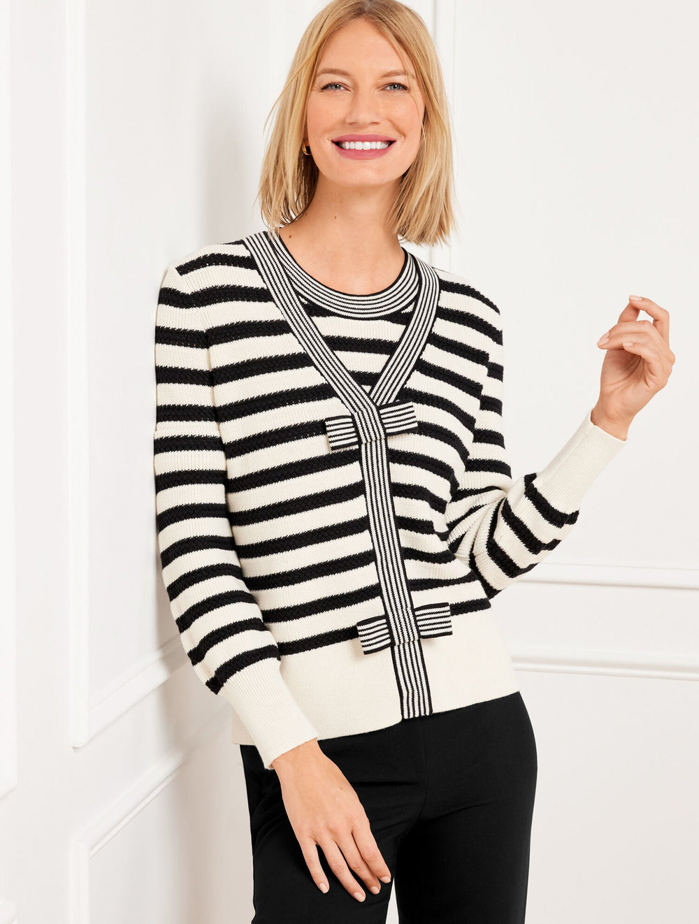 BOW FRONT TEXTURE STITCH CARDIGAN - FRENCH STRIPE | Talbots for sale