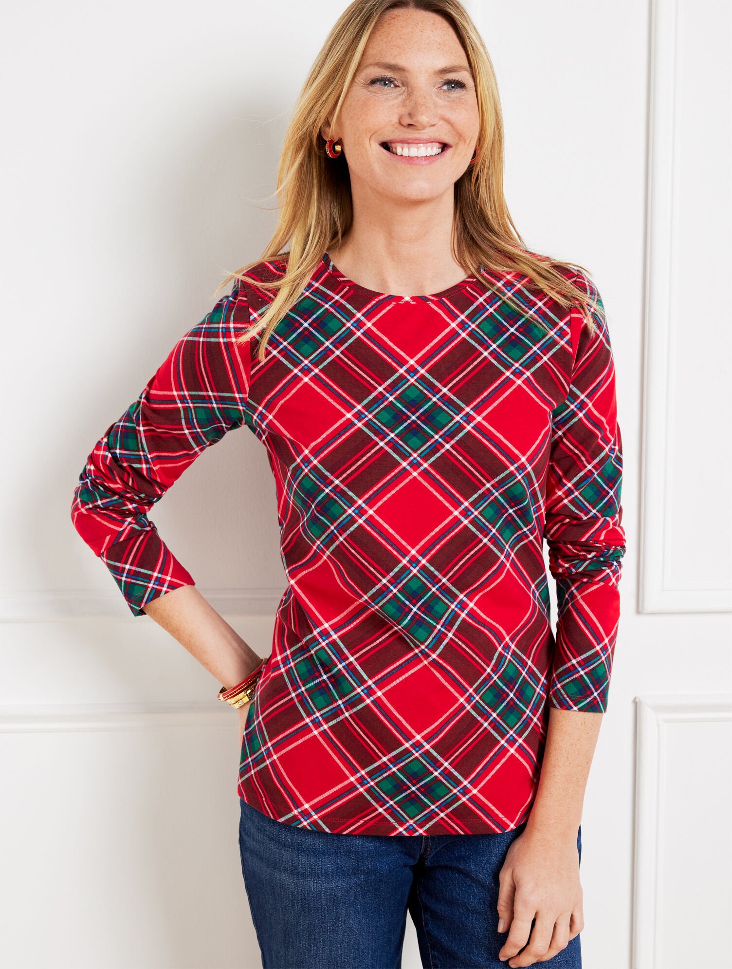 CREWNECK TEE - POINSETTIA PLAID | Talbots US