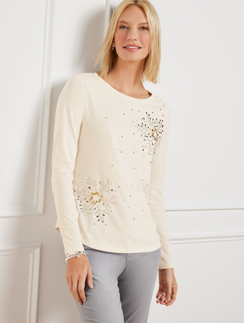 EMBELLISHED CREWNECK TEE - SNOWFLAKE | Talbots near me
