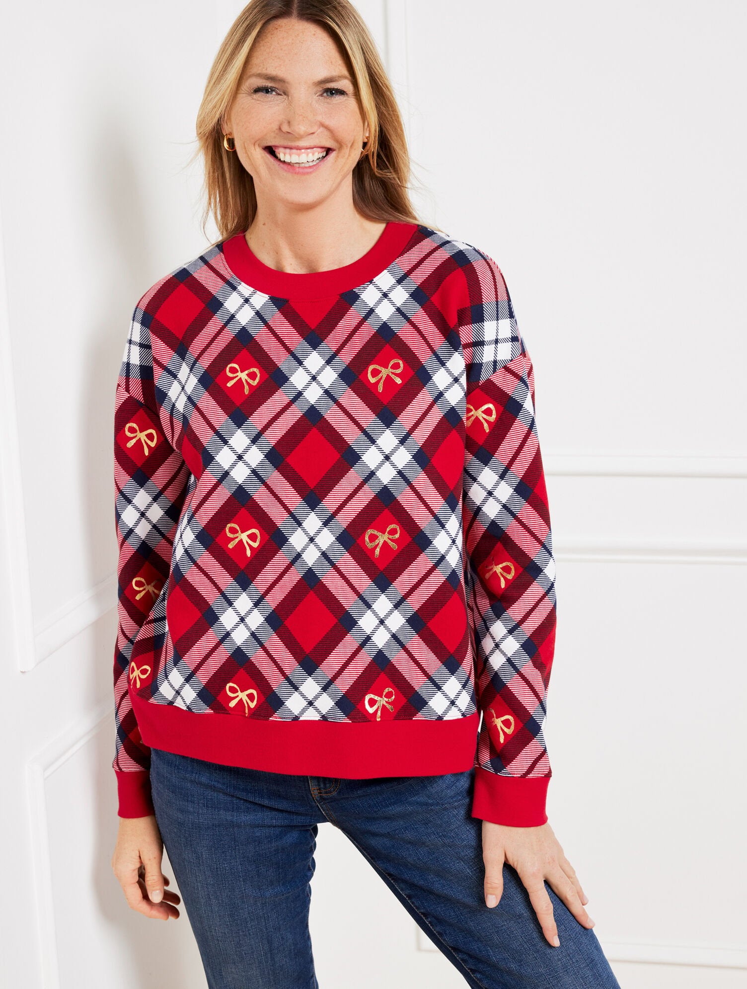 CREWNECK SWEATSHIRT - CHESTNUT PLAID | Talbots for sale