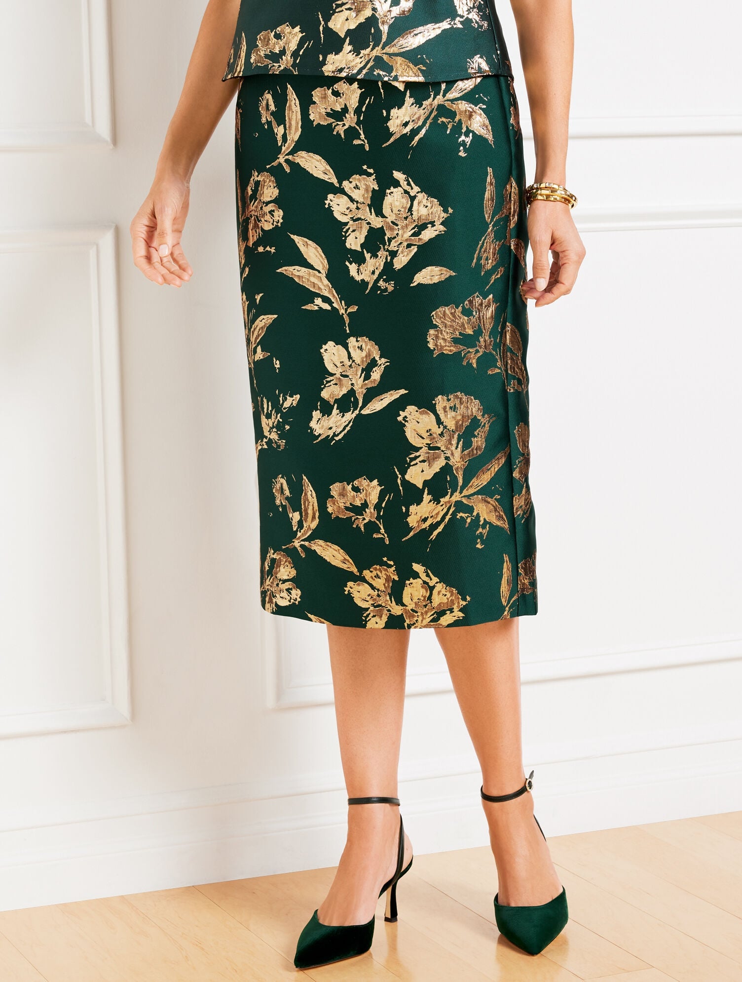 METALLIC FLORAL JACQUARD PENCIL SKIRT | Talbots on sale