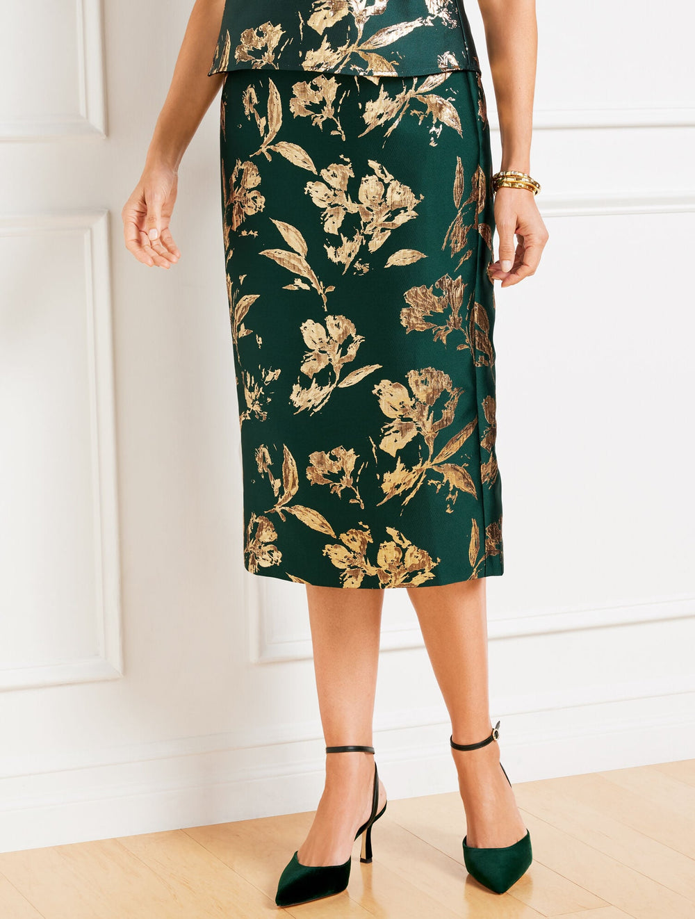METALLIC FLORAL JACQUARD PENCIL SKIRT | Talbots on sale
