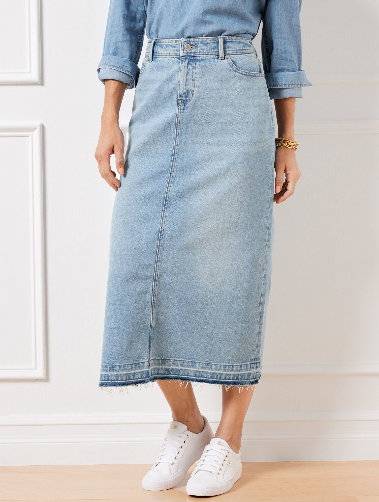 DROP HEM DENIM MIDI SKIRT - SPRING WASH | Talbots for sale