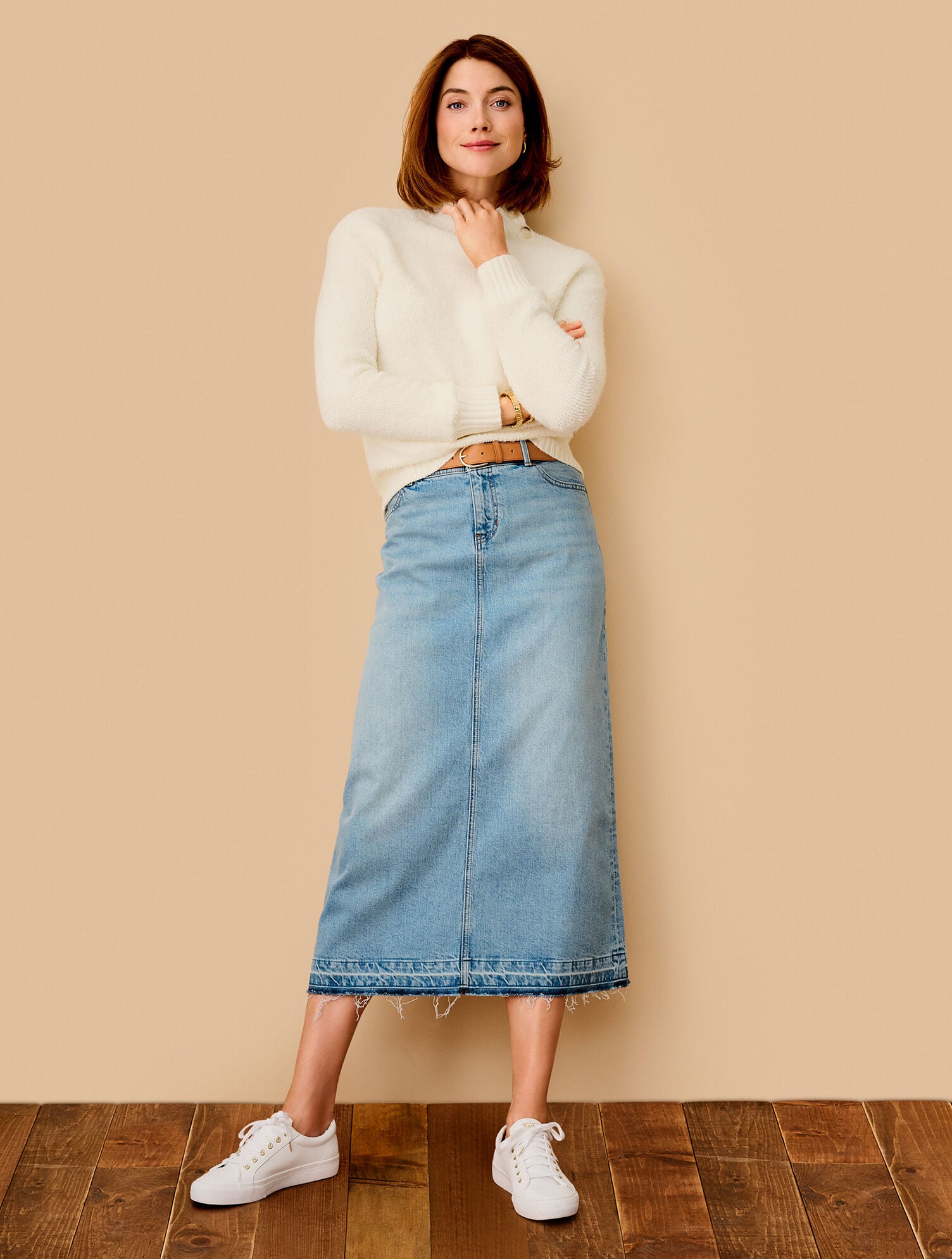 DROP HEM DENIM MIDI SKIRT - SPRING WASH | Talbots for sale