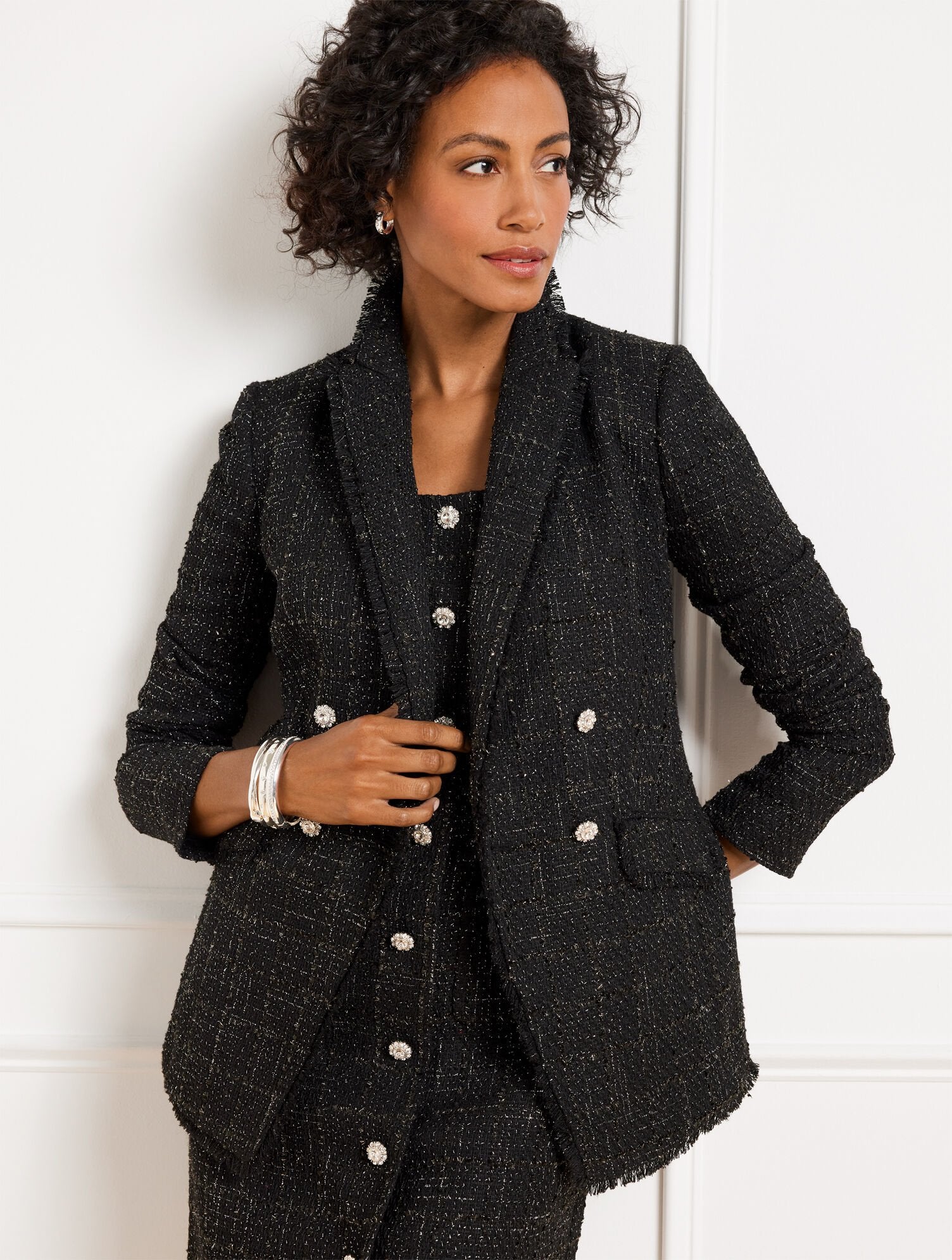 METALLIC FRINGE TWEED DOUBLE BREASTED BLAZER | Talbots online