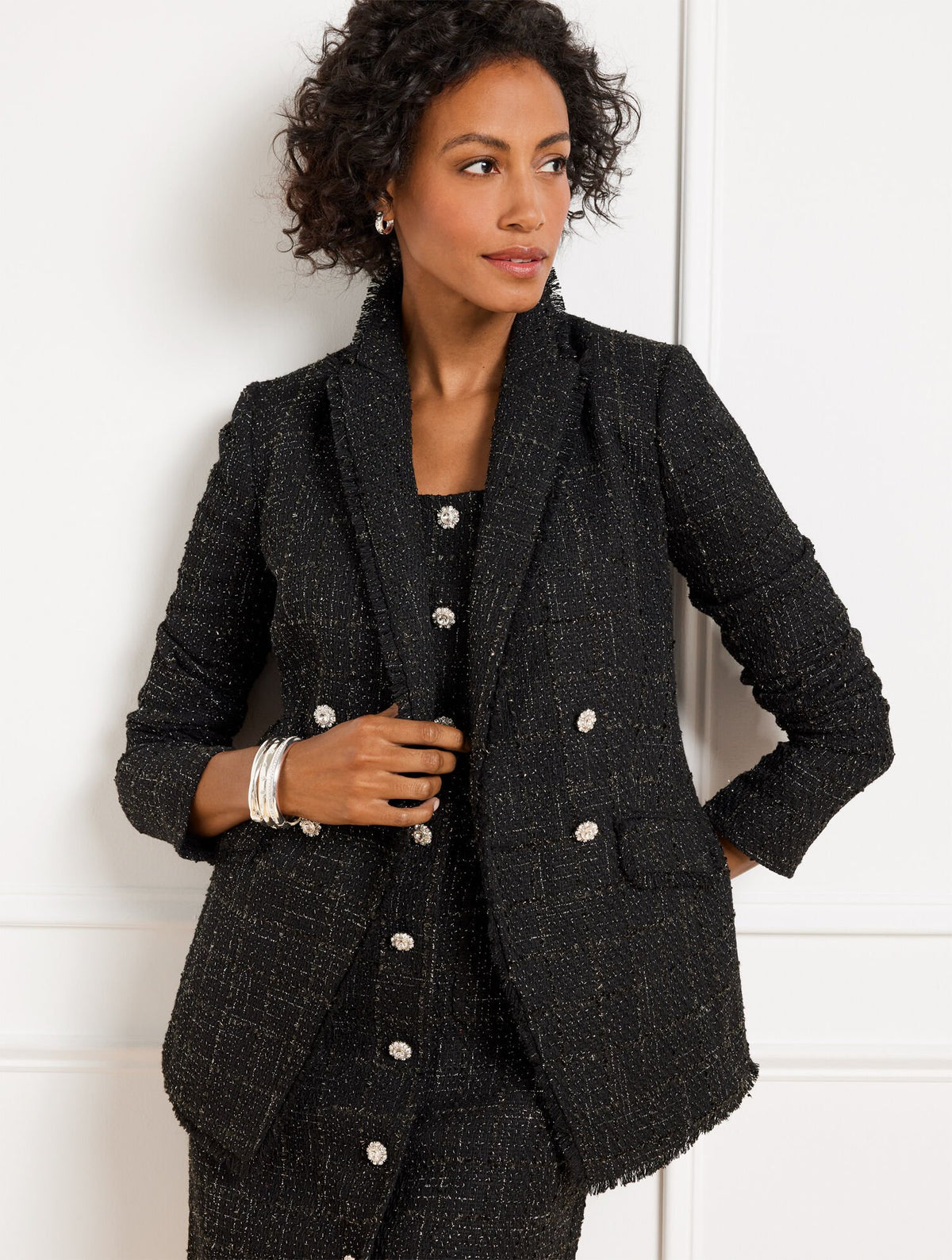 METALLIC FRINGE TWEED DOUBLE BREASTED BLAZER | Talbots online