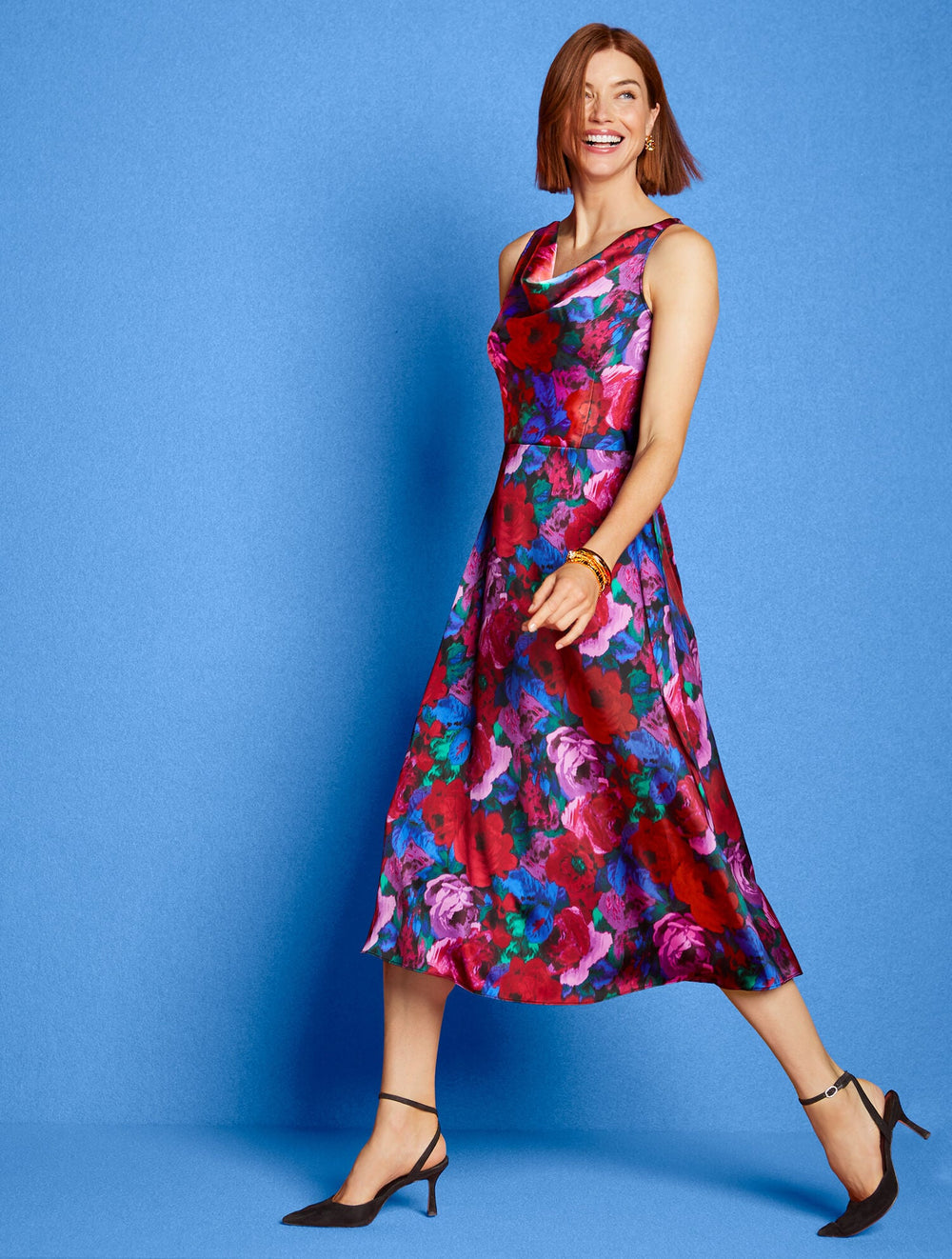 SATIN COWL-NECK DRESS - WRAPPED FLORAL | Talbots US