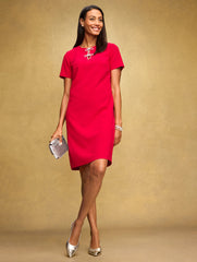 EMBELLISHED BOW CREPE A-LINE DRESS | Talbots on sale