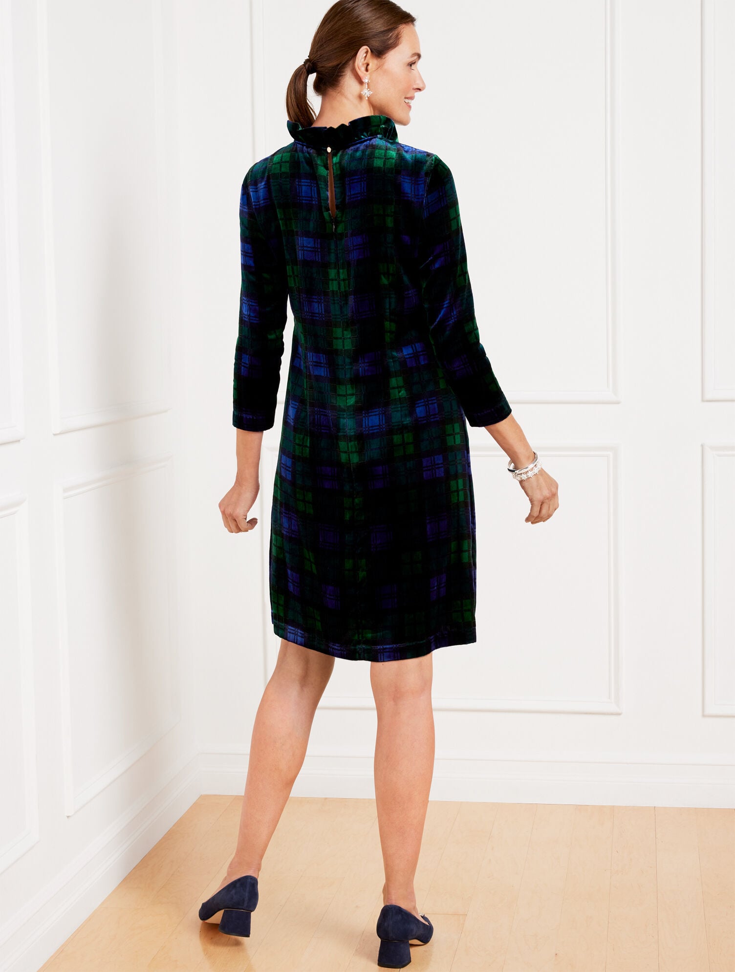 EFFORTLESS VELVET A-LINE DRESS - BLACK WATCH PLAID | Talbots sale
