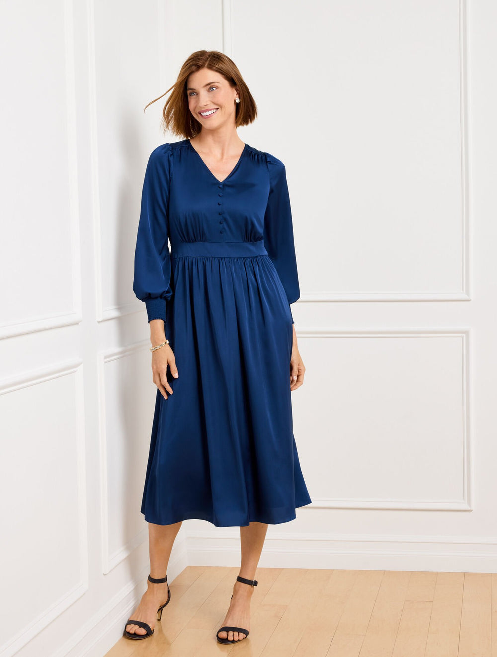 SOFT SATIN CHARMEUSE SMOCKED MIDI DRESS | Talbots on sale