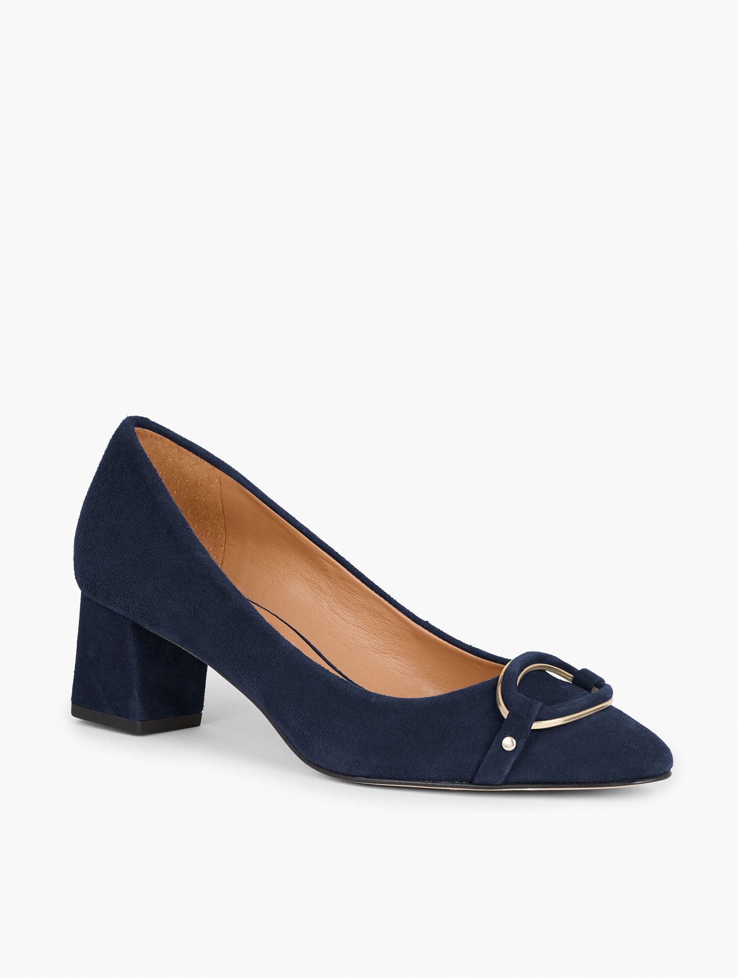 KAYLA BUCKLE BLOCK HEEL SUEDE PUMPS | Talbots on sale