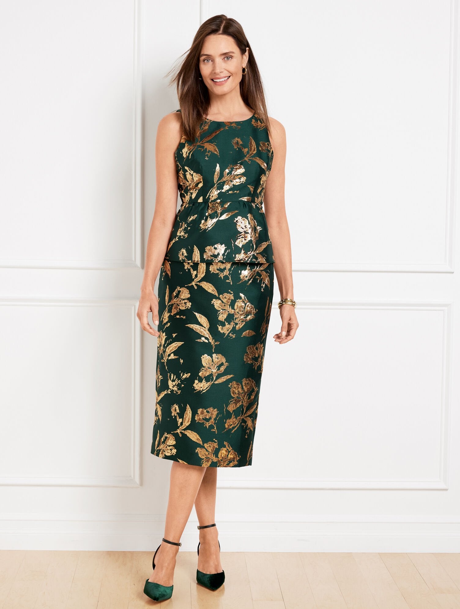METALLIC FLORAL JACQUARD PEPLUM TOP | Talbots sale