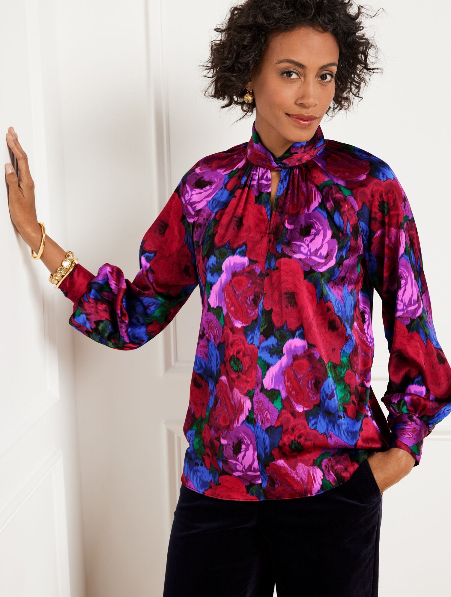 TWIST NECK SOFT SATIN CHARMEUSE TOP - WRAPPED FLORAL | Talbots discount