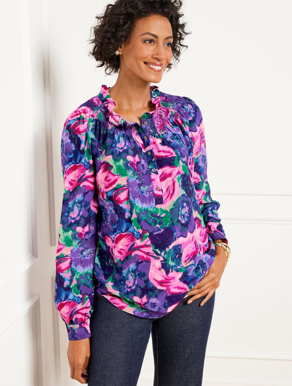 SMOCKED RUFFLE NECK TOP - DELICATE FLORAL | Talbots US