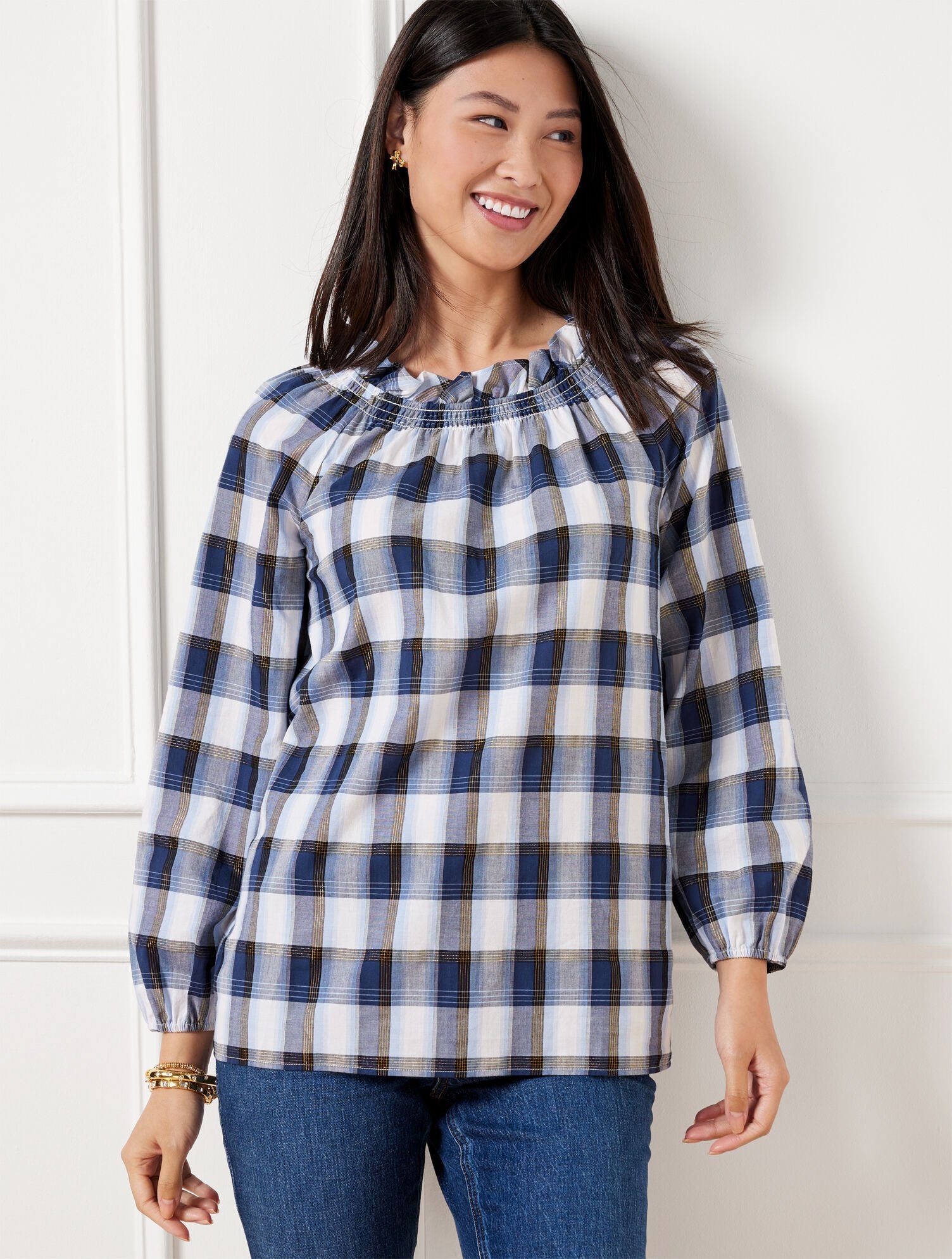 SMOCKED TOP - TINSEL TARTAN PLAID | Talbots online