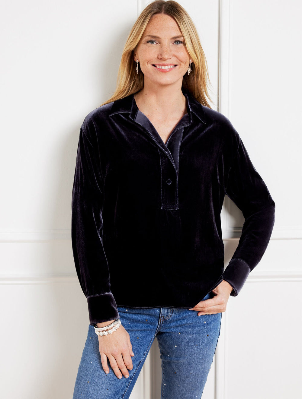 EFFORTLESS VELVET SHORT POPOVER SHIRT | Talbots for sale