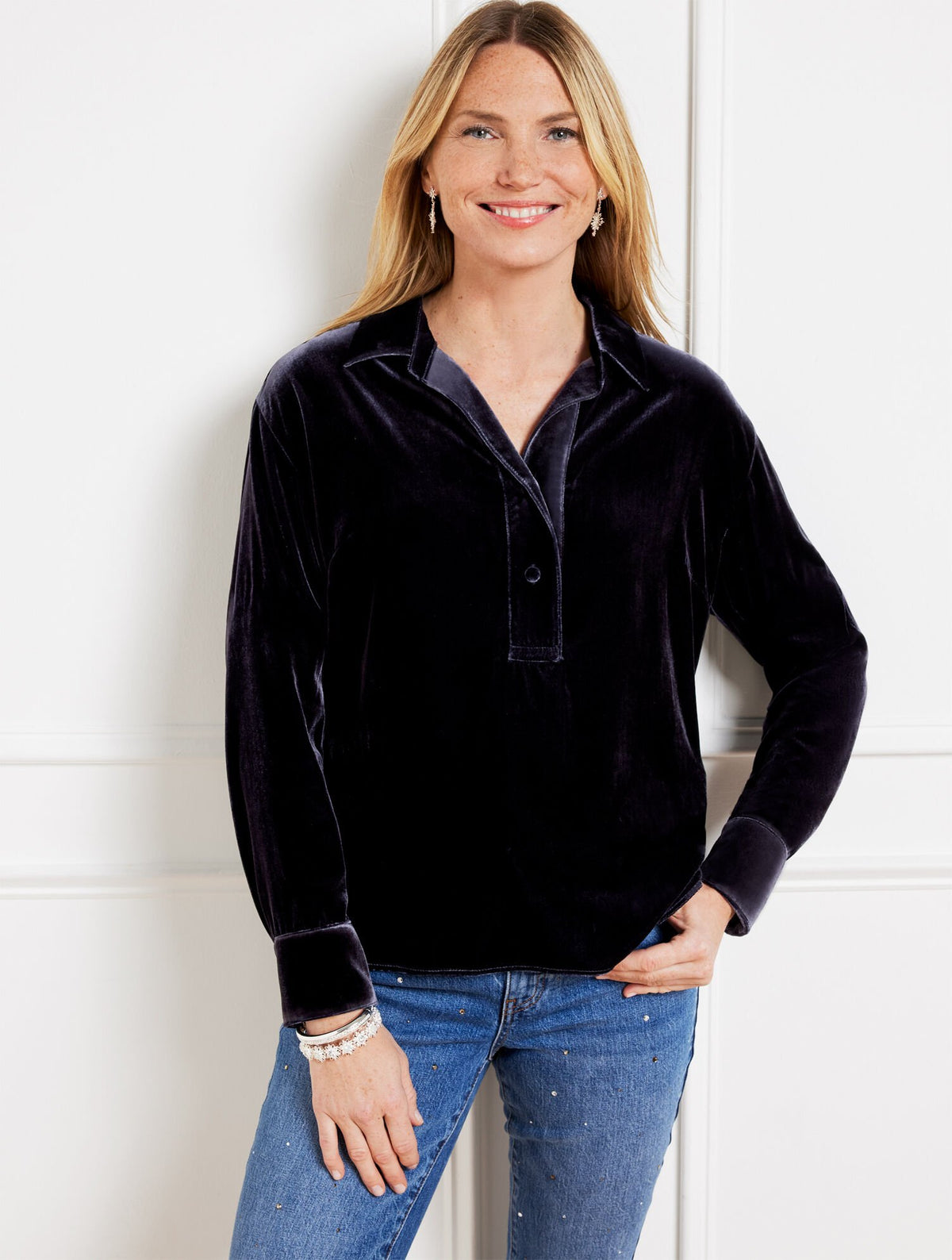 EFFORTLESS VELVET SHORT POPOVER SHIRT | Talbots for sale